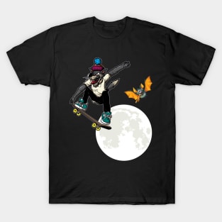 Halloween Skateboarding Wolf over the Moon Bat T-Shirt